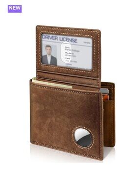 Bifold Leather RFID Blocking Wallet with AirTag Holder 13 Card Slots